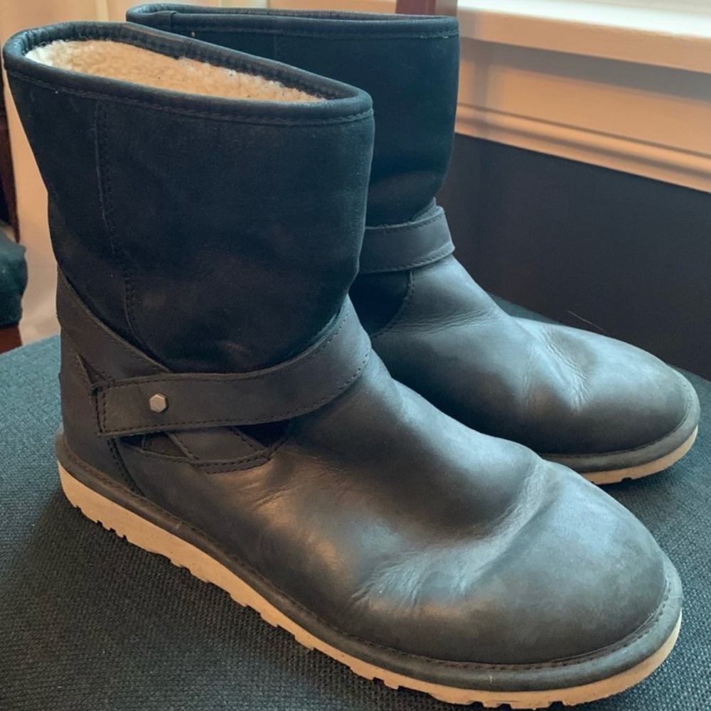 Black UGG leather shearling boots